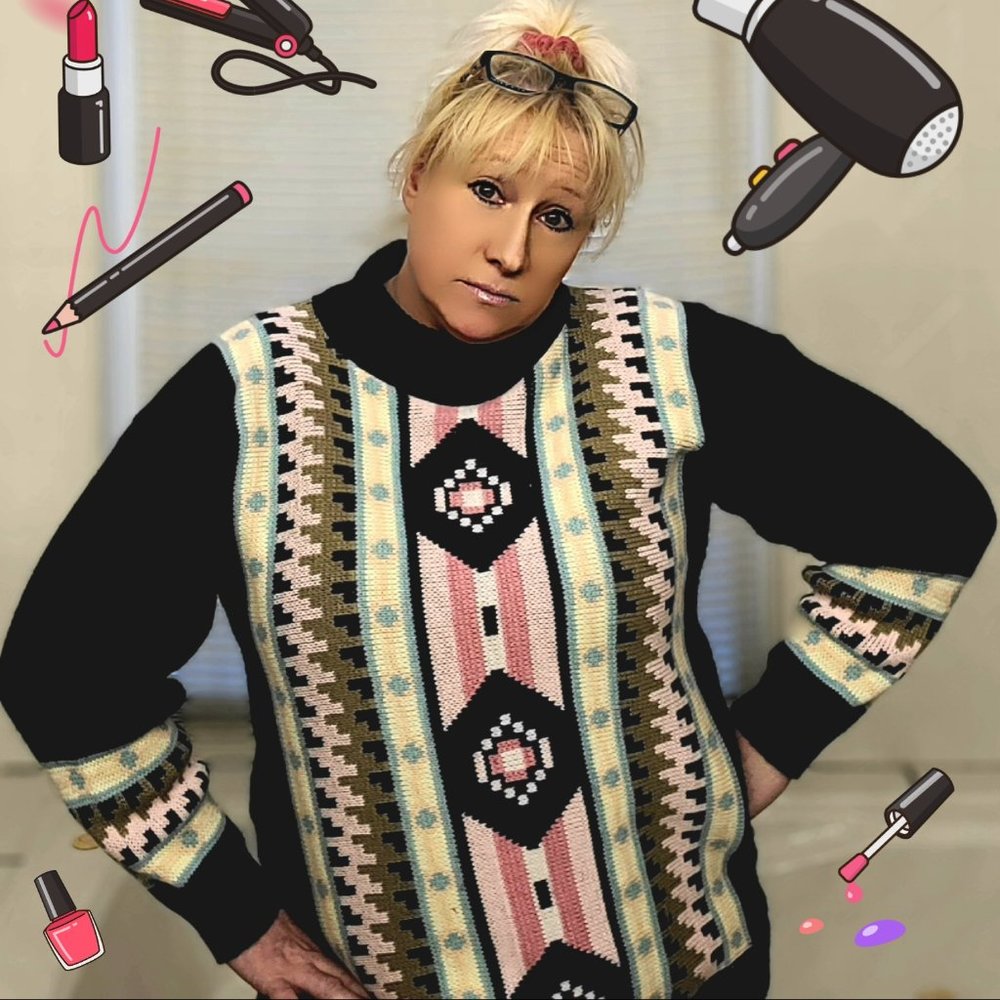 Rare Vintage Clifton Place Pixelated Navy Pastel Aztec Mock Neck Knit Sweater 21